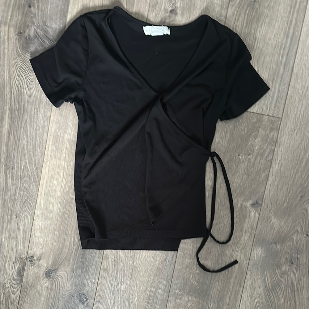 Black Short Sleeve Wrap Blouse with Tie Front